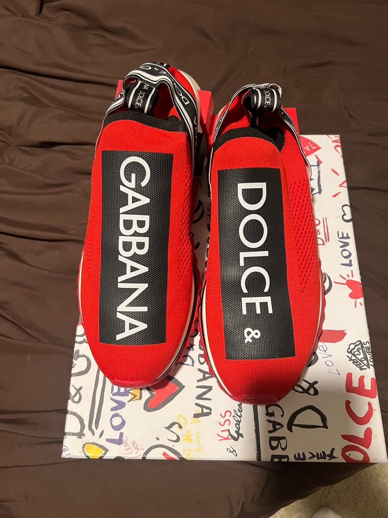 Dolce & Gabbana Red And Black Logo Knit Slip-Ons